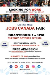 Brantford Job Fair October 16th,  2018. 1:00 pm - 3:00 pm 